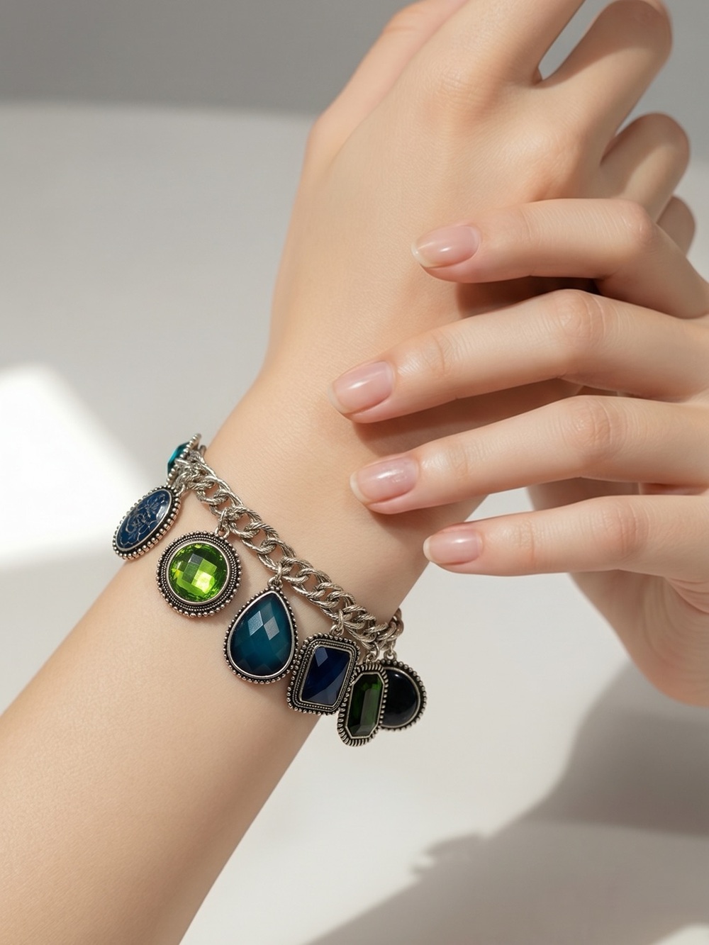 Silver Tone Chunky Colorful Charm Bracelet - Picture 10 of 12